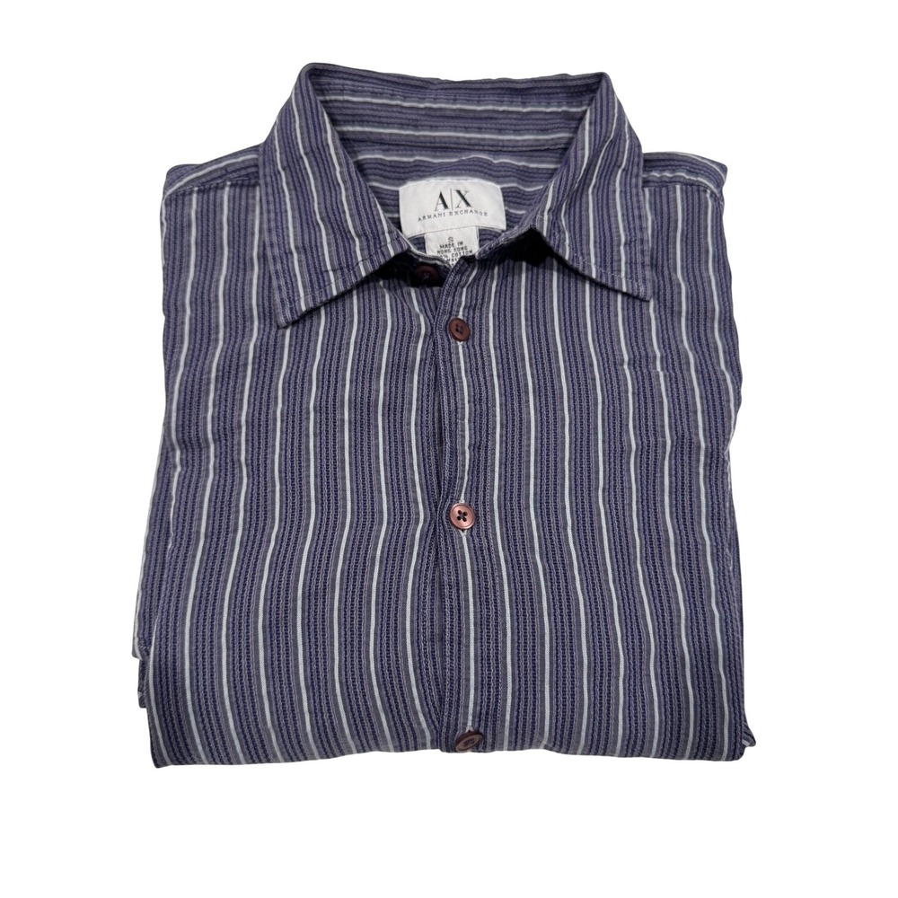 Armani Exchange Mens Navy Blue White Striped Cotton Long Sleeve Button Down S